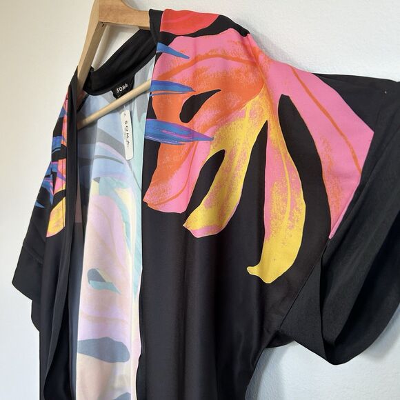 Soma Satin Black Midi Robe XS Paradise Palms Multicolor Short Sleeve Kimono - Picture 8 of 16